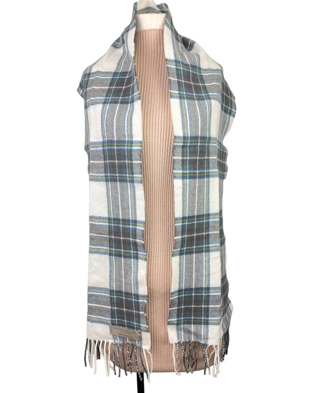 LOCHCARRON Scotland White Gray Blue Scarf Wool Plaid Fringe Rectangle Shaped NWT